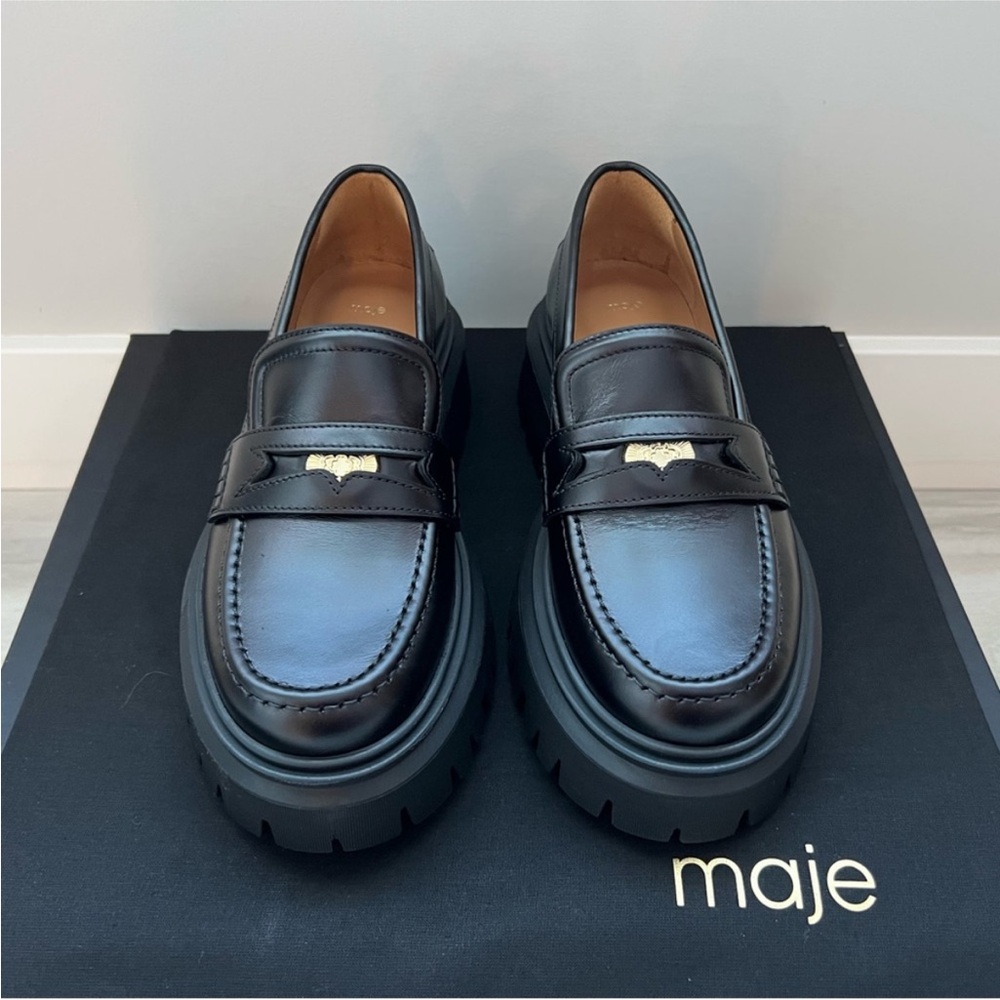 Maje Black Leather Loafers, Size 36
